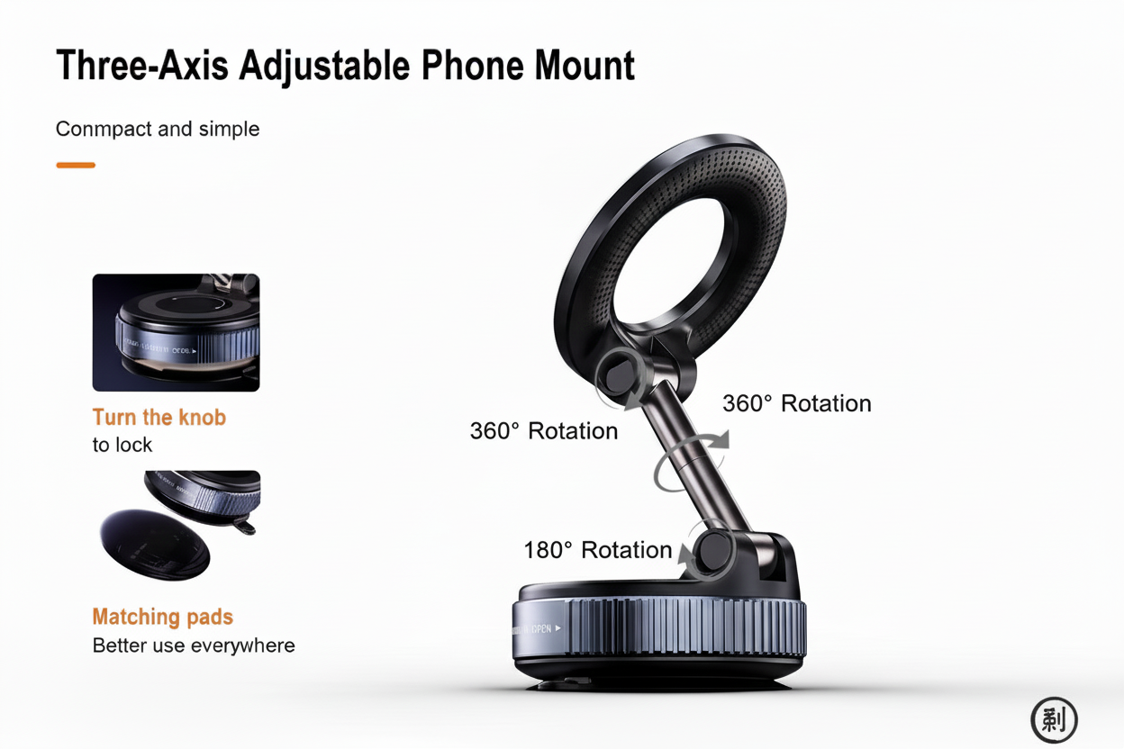 Strong Magnetic Car Phone Holder Foldable Design 360° Adjustable Vacuum Mount for Car/Desk/Bathroom/Universal Use
