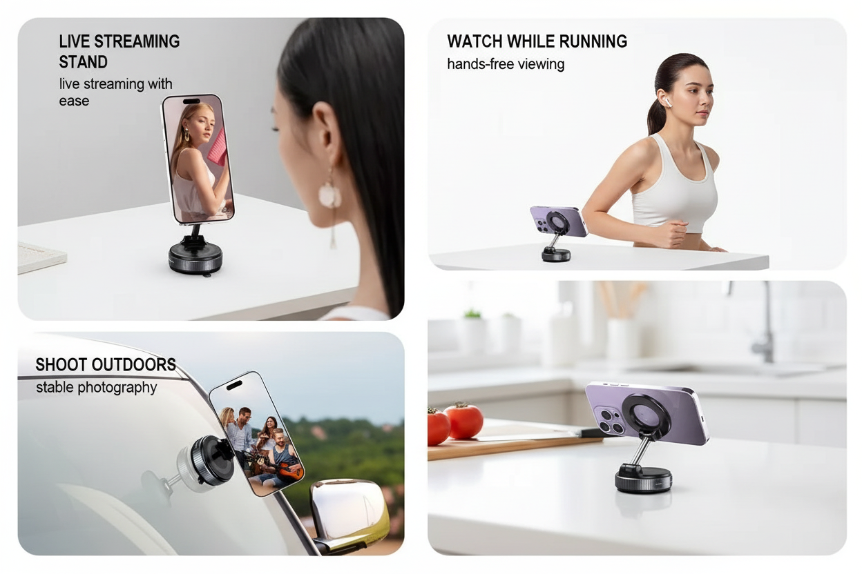 Strong Magnetic Car Phone Holder Foldable Design 360° Adjustable Vacuum Mount for Car/Desk/Bathroom/Universal Use